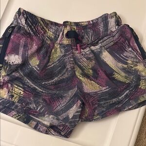 Athleta-Simone Biles- L/12 Abstract Swirl Athletic Shorts - Purple, Yellow, Navy